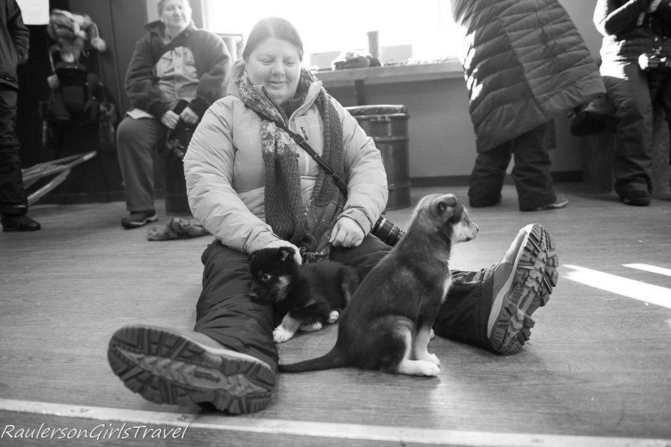 Heather Raulerson playing with puppies at Chena Dog Kennel