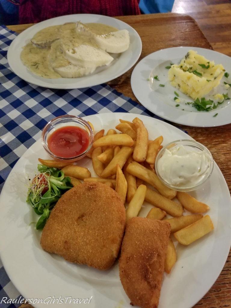 Fried Cheese, Pork & Dumplings, and Mashed potatoes at Bratislava Flagship Restaurant