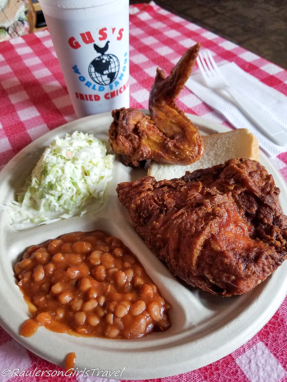 Gus's World Famous Fried Chicken, Beans, and Slaw