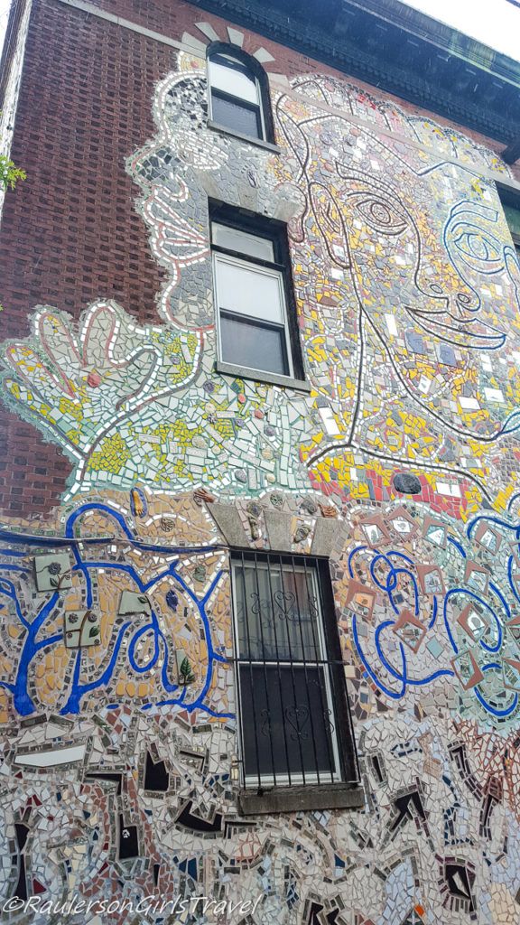 Colorful mirror mosaic on the side of a Philly building