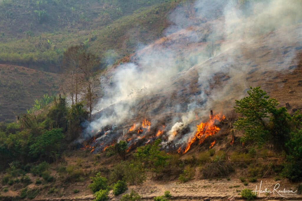 Burning of Laos landscape near the Mekong River