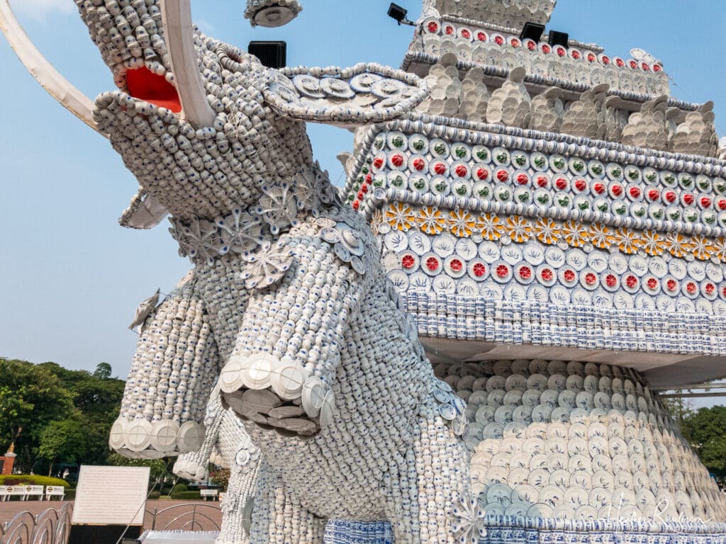 Close-up of Elephant Statue Made from Tea Cups, Saucers, and Plates