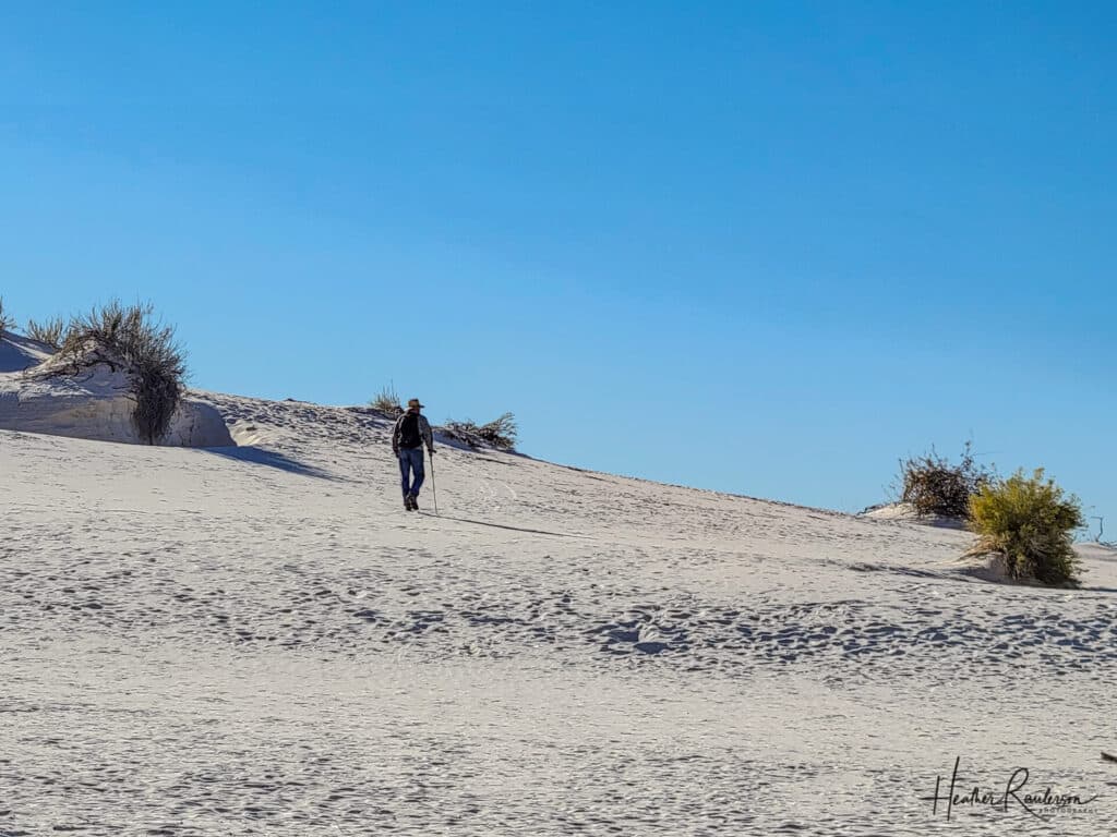 A hiker in the White Sands National Park
