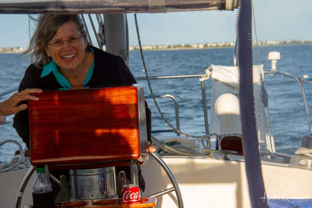 Teresa having her turn at the helm of the Sea'scape